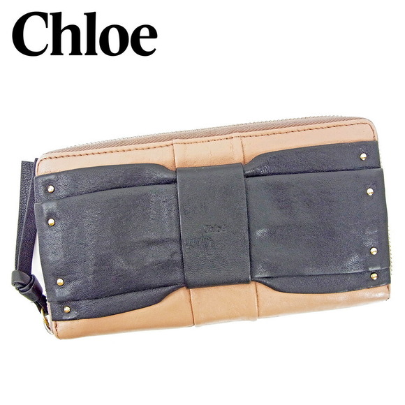 Chloe long leather ribbon Wallet motif pink beige black - Picture 1 of 6